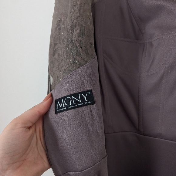 NWT MGNY Madeline Gardner Taupe Beaded Embellished Half Sleeve Sheer Gown Dress - Picture 3 of 7